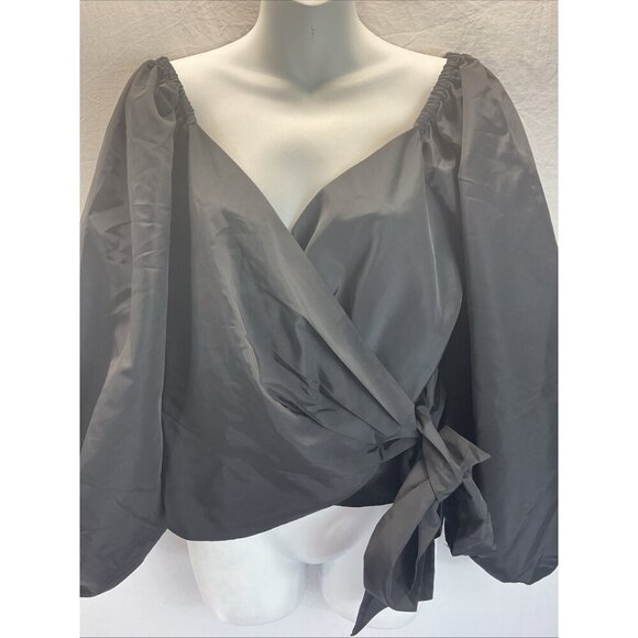 NEW Express size L Black Taffeta Faux Wrap Cropped Off Shoulder puff sleeve - Picture 2 of 10